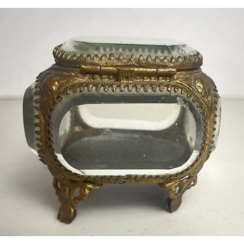 Vintage French Style Ormolu Gold Jewelry Box Casket Beveled Glass Footed Ornate